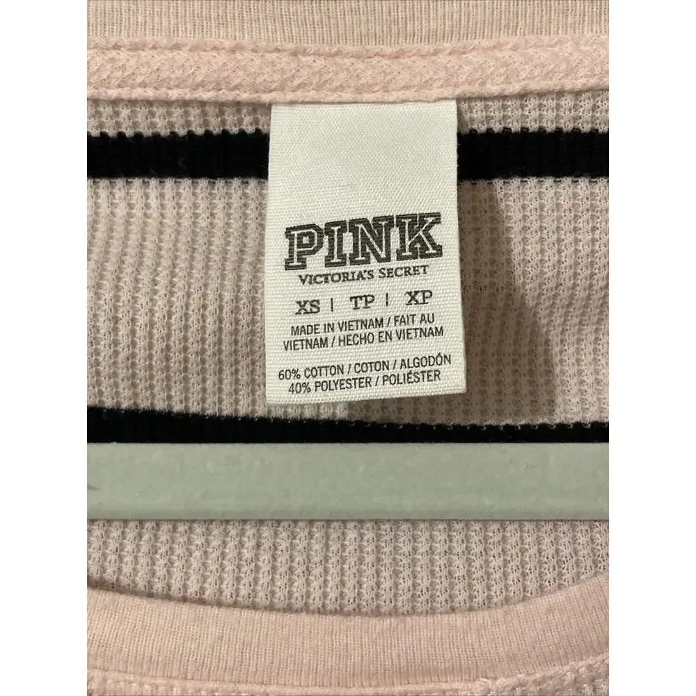 Victorias Secret PINK Waffle Knit Long Sleeve T Shirt Black Stripe Pink XS